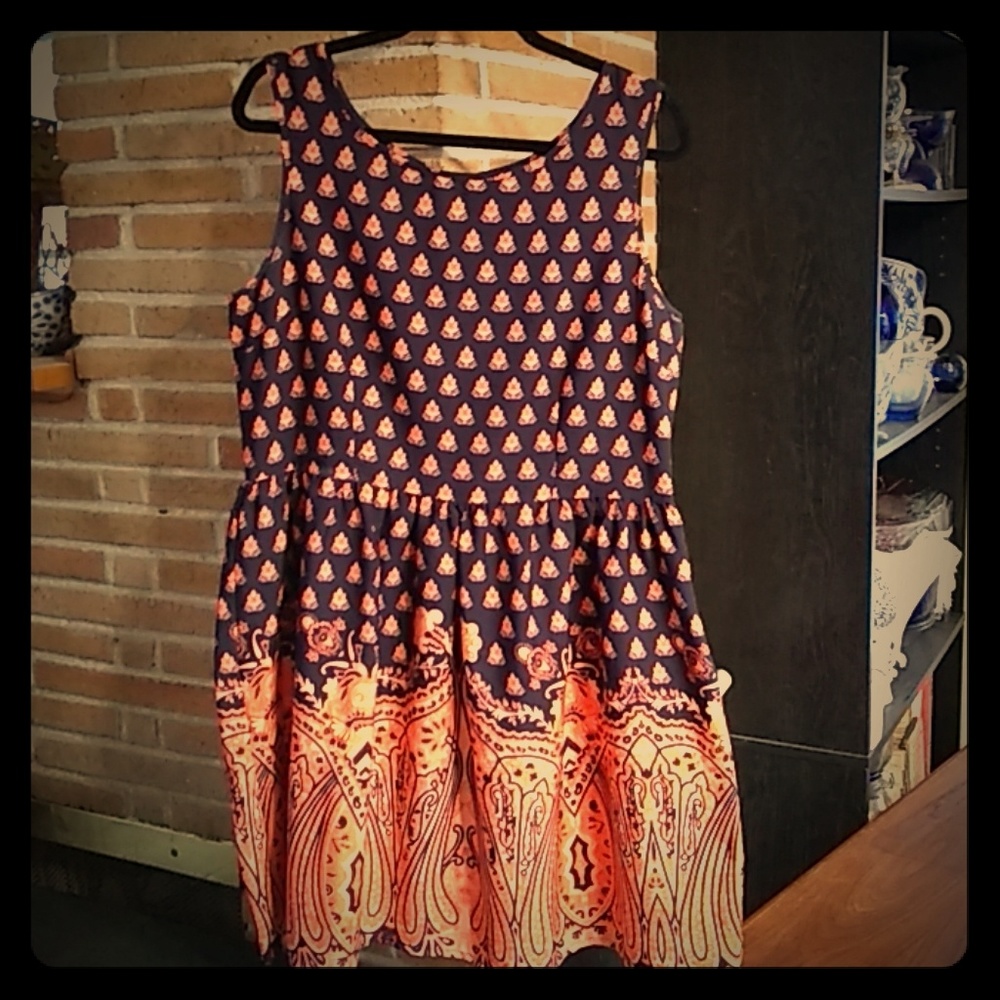 Blue & Peach Lotus & ArtDeco Skater Dress by Pinky